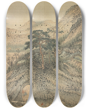 Triptych art skateboard deck of Song Xu Mt Dong Grotto Mountain by Song Xu (1525-1606)