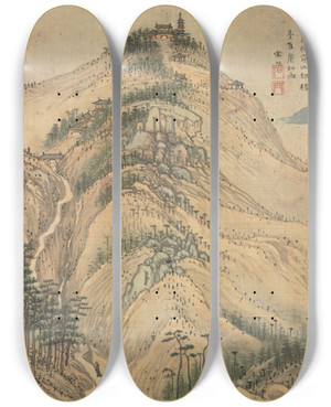 Triptych art skateboard deck of Song Xu Mt Daochang by Song Xu (1525-1606)