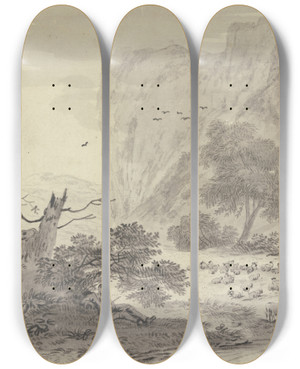 Triptych art skateboard deck of Hendrik Van Der Straaten Hohe Felsen Links Ruhender Schafhirte by Hendrik van der Straaten (1665-1722)