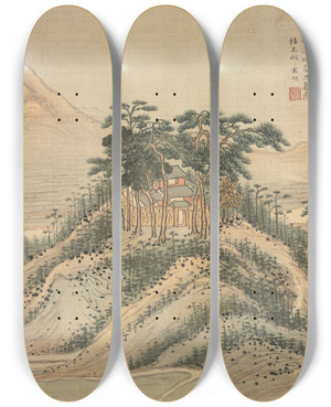 Triptych art skateboard deck of Song Xu Fushan Monastery by Song Xu (1525-1606)