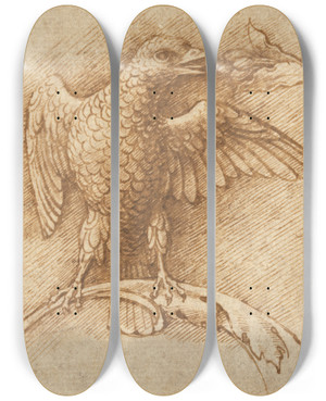 Triptych art skateboard deck of Andrea Mantegna A Bird Perched On A Branch With Fruit by Andrea Mantegna (1431-1506)