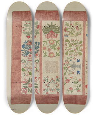 Triptych art skateboard deck of Suzanne Roy Appliqued Bedspread by Suzanne Roy