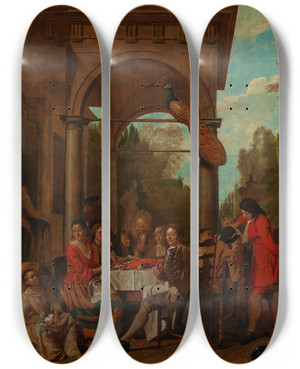 Triptych art skateboard deck of Jan Josef Horemans The Elder An Elegant Company Having Dinner On A Terrace by Jan Josef Horemans The Elder (1682-1759)