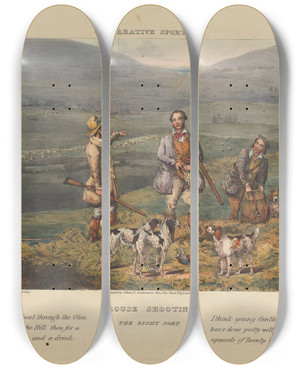 Triptych art skateboard deck of Henry Thomas Alken Comparative Sporting 1 Grouse Shooting by Henry Thomas Alken (1785-1851)