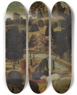 Triptych art skateboard deck of Jacopo Del Sellaio The Death Ofactaeon by Jacopo del Sellaio (1441-1493)