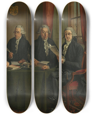 Triptych art skateboard deck of Wybrand Hendriks The Four Chief Commissioners Of The Amsterdam Harbor Works by Wybrand Hendriks (1744-1831)
