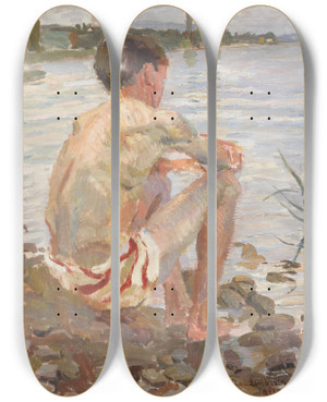 Triptych art skateboard deck of Christian Landenberger Badender Knabe Dingelsdorf by Christian Landenberger (1862-1927)