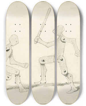 Triptych art skateboard deck of Pieter Van Loon Schermende Houten Mannetjes by Pieter Van Loon (1801-1873)