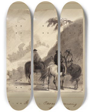Triptych art skateboard deck of Alfred Jacob Miller Rocky Pass In A Storm Caravan Crossing The Heights by Alfred Jacob Miller (1810-1874)