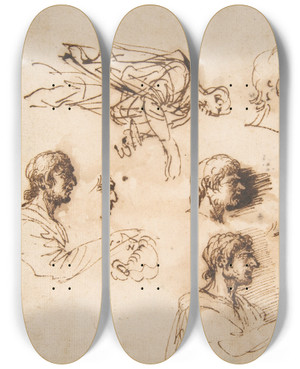 Triptych art skateboard deck of Salvator Rosa Studies Of A Mans Head In Profile And Of A Standing Male Figure by Salvator Rosa (1615-1673)
