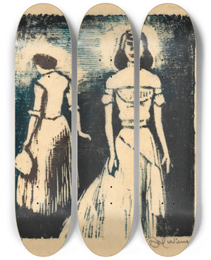 Triptych art skateboard deck of Karl Wiener Zwei Frauen by Karl Wiener (1901-1949)