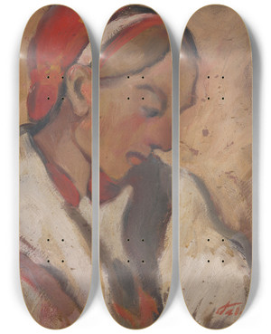 Triptych art skateboard deck of Zolo Palugyay Girl In A Red Bonnet by Zolo Palugyay (1898-1935)