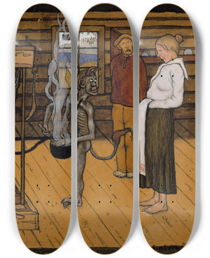 Triptych art skateboard deck of Hugo Simberg The Poor Devil By The Fire by Hugo Simberg (1873-1917)