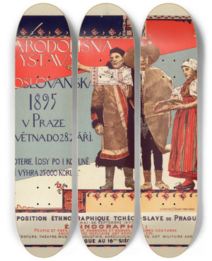 Triptych art skateboard deck of Vojtch Hynais Exposition Ethnographique Tchcoslave De Prague by Vojtech Hynais (1854-1925)