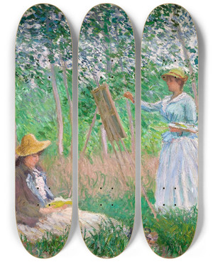 Triptych art skateboard deck of Claude Monet In The Woods At Giverny Blanche Hosched At Her Easel With Suzanne Hosched Reading by Claude Monet (1840-1926)