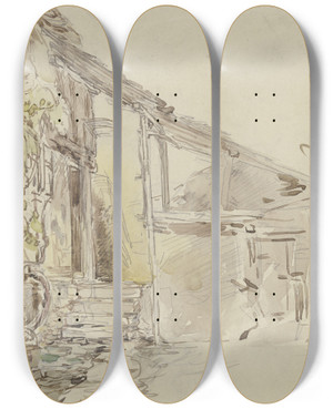 Triptych art skateboard deck of Anton Burger Hausecke Mit Weinranke Und Vier Stufen by Anton Burger (1824-1905)