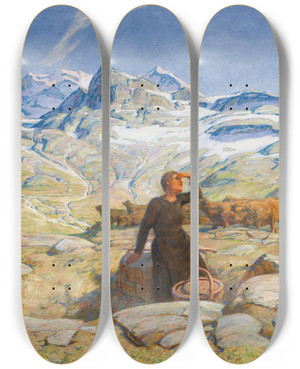 Triptych art skateboard deck of Erich Erler Landschaft Mit Junger Buerin by Erich Erler (1870-1946)