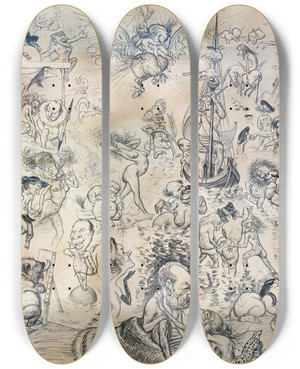 Triptych art skateboard deck of Charleslucien Landre A Leau A Leau by Charles-Lucien Landre (1862-1934)