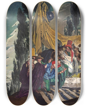 Triptych art skateboard deck of Jos Mara Sert El Vendedor De Burros The Donkey Seller by Jose Maria Sert (1874-1945)