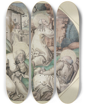 Triptych art skateboard deck of Upper Rhine 15Th Century Agony In The Garden by Upper Rhine 15Th Century