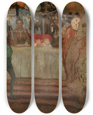 Triptych art skateboard deck of Witold Wojtkiewicz Circus In Front Of The Little Theatre by Witold Wojtkiewicz (1879-1909)