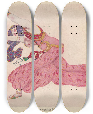 Triptych art skateboard deck of Lon Bakst Alme In Schhrazade by Leon Bakst (1866-1924)