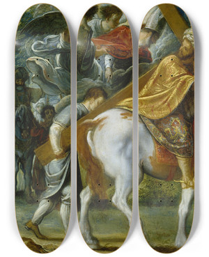 Triptych art skateboard deck of Adam Elsheimer Heraclius On Horseback With The Cross by Adam Elsheimer (1578-1610) Triptych art skateboard deck of Adam Elsheimer Heraclius On Horseback With The Cross by Adam Elsheimer (1578-1610)