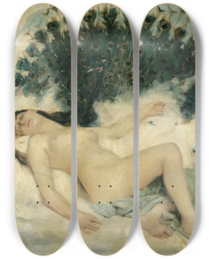 Triptych art skateboard deck of Lon Franois Comerre Sleeping Woman With A Peacock by Leon Francois Comerre (1850-1916)