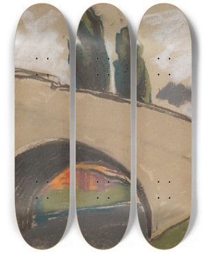 Triptych art skateboard deck of Zolo Palugyay Village Bridge Over A River by Zolo Palugyay (1898-1935)