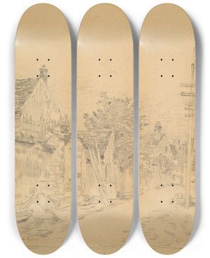 Triptych art skateboard deck of Jean Charles Cazin Villagestreet by Jean Charles Cazin (1840-1901)