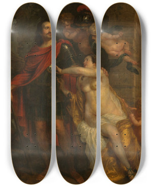 Triptych art skateboard deck of Thomas Willeboirts Bosschaert Venus Arming A Warrior Possibly Johan Maurits Count Of Nassausiegen At The Forge Of Vulcan by Thomas Willeboirts Bosschaert (1614-1654)