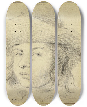 Triptych art skateboard deck of Cornelis Visscher Bust Of Young Man With Hat by Cornelis Visscher (1629-1658)