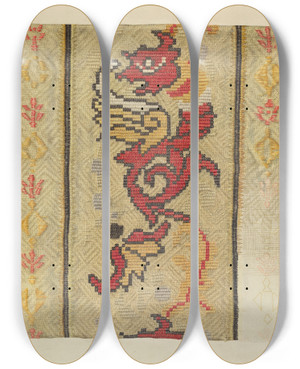 Triptych art skateboard deck of Dorothea Bates Woven Textile Technique Demonstration by Dorothea Bates