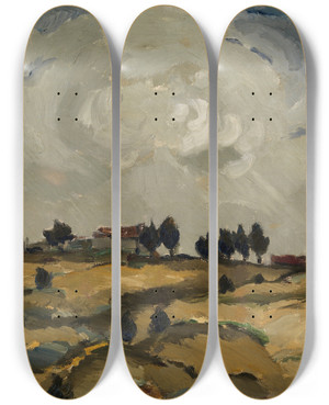 Triptych art skateboard deck of Ilmari Aalto Autumn Landscape With Clouds by Ilmari Aalto (1891-1934)
