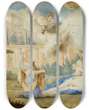 Triptych art skateboard deck of Andreas Von Behn Dana And The Golden Shower by Andreas Von Behn (1650-1713)