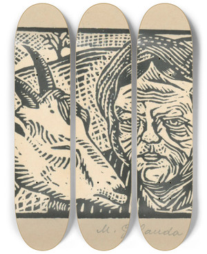 Triptych art skateboard deck of Mikul Galanda Starena S Kozou by Mikulas Galanda (1895-1938)