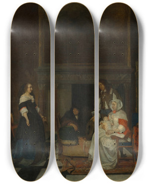 Triptych art skateboard deck of Gabriel Metsu The Visit To The Nursery by Gabriel Metsu (1629-1667)