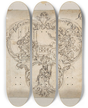 Triptych art skateboard deck of Giovanni Battista Foggini Design For A Cartouche With An Annunication Above And A Kneeling Figure With Staff Below by Giovanni Battista Foggini (1652-1725)