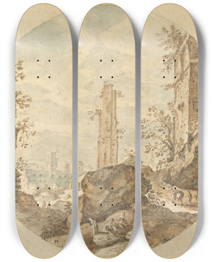 Triptych art skateboard deck of Pieter Stevens Travellers Among Roman Ruins_1 by Pieter Stevens (1567-1624)