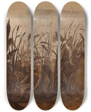 Triptych art skateboard deck of Franoislon Benouville Mose Sauv Des Eaux by Francois Leon Benouville (1821-1859)