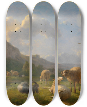 Triptych art skateboard deck of Balthasar Paul Ommeganck Landscape With Goats And Sheep by Balthasar Paul Ommeganck (1755-1826) Triptych art skateboard deck of Balthasar Paul Ommeganck Landscape With Goats And Sheep by Balthasar Paul Ommeganck (1755-1826)