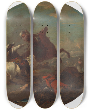 Triptych art skateboard deck of August Querfurt A Battle Scene With Fallen Soldiers by August Querfurt (1696-1761)