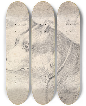 Triptych art skateboard deck of Henry Thomas Alken Head And Shoulders Of A Collie Dog Wearing A Leash Or Tether Sketchy Sheep In Background by Henry Thomas Alken (1785-1851)