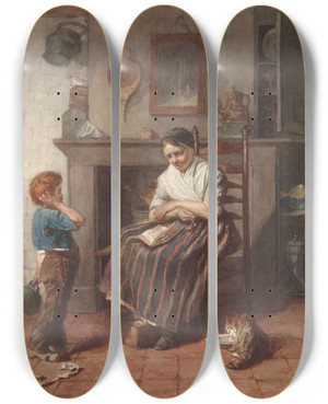 Triptych art skateboard deck of Frederik Willem Zrcher Interieur Met Een Jongetje Een Vlieger En Een Vrouw by Frederik Willem Zurcher (1835-1894)