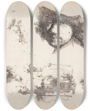 Triptych art skateboard deck of Rembrandt Van Rijn Self Portrait by Rembrandt Van Rijn (1606-1669)