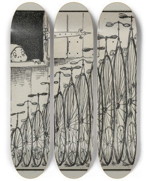 Triptych art skateboard deck of Palmer Cox Brownie With Row Of Bicycles by Palmer Cox (1840-1924)