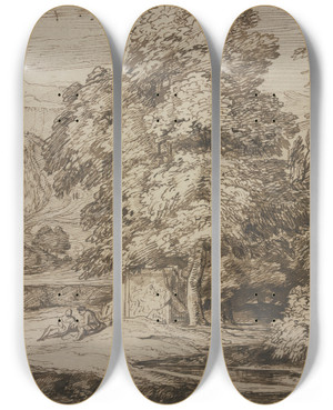 Triptych art skateboard deck of Jacob Esselens Ein Denkmal Unter Groen Bumen Dabei Zwei Sitzende Figuren by Jacob Esselens (1626-1687)