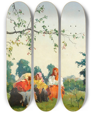 Triptych art skateboard deck of Mikhail Markelovich Guzhavin Gossip by Mikhail Markelovich Guzhavin (1888-1929)