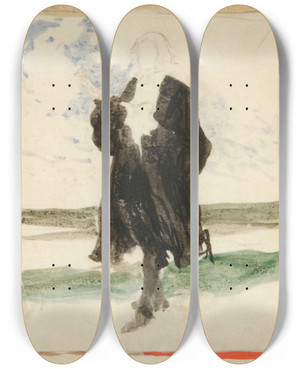 Triptych art skateboard deck of Edwin Austin Abbey Cloaked Man In Landscape by Edwin Austin Abbey (1852-1911)