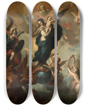 Triptych art skateboard deck of Miguel Cabrera The Virgin Of The Apocalypse by Miguel Cabrera (1695-1768)